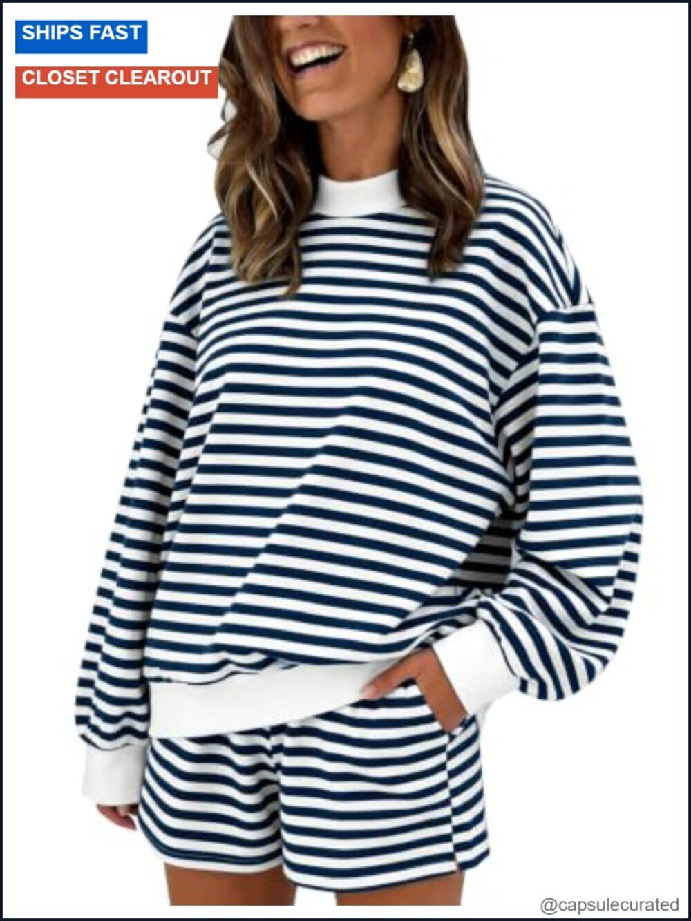 Women's Cotton Striped Mock Neck 2 Piece Lounge Set - Sweatshirt & Shorts